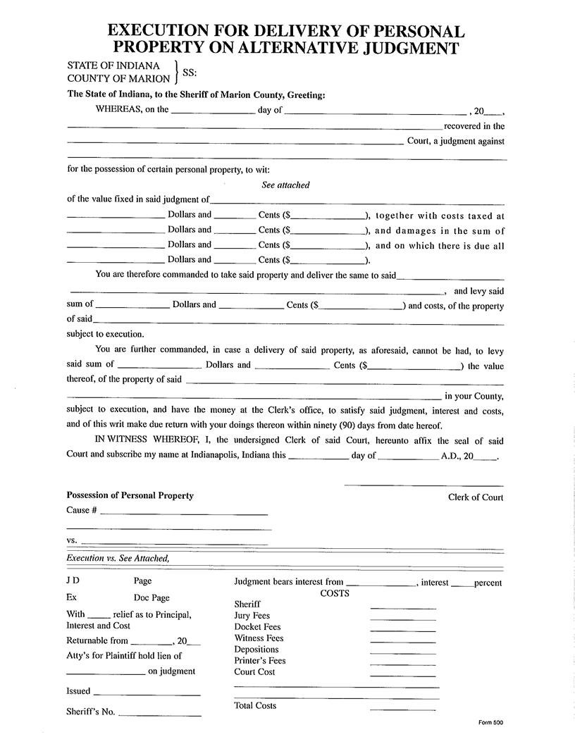 Execution For Delivery Of Personal Property On Alternative Judgment | Pdf Fpdf Docx | Indiana