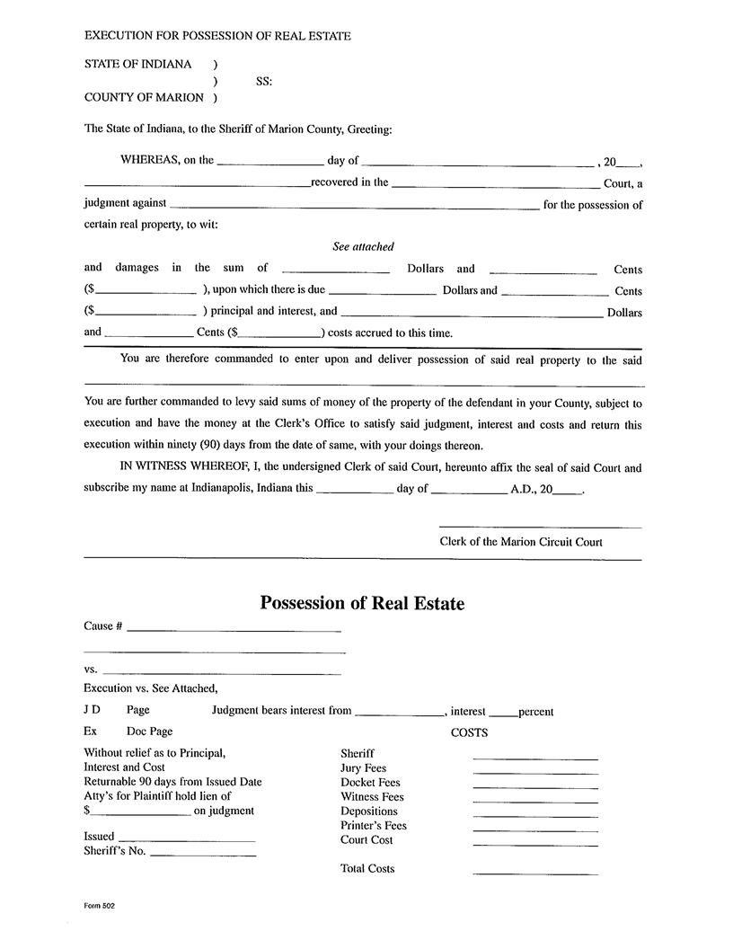 Execution For Possession Of Real Estate | Pdf Fpdf Docx | Indiana