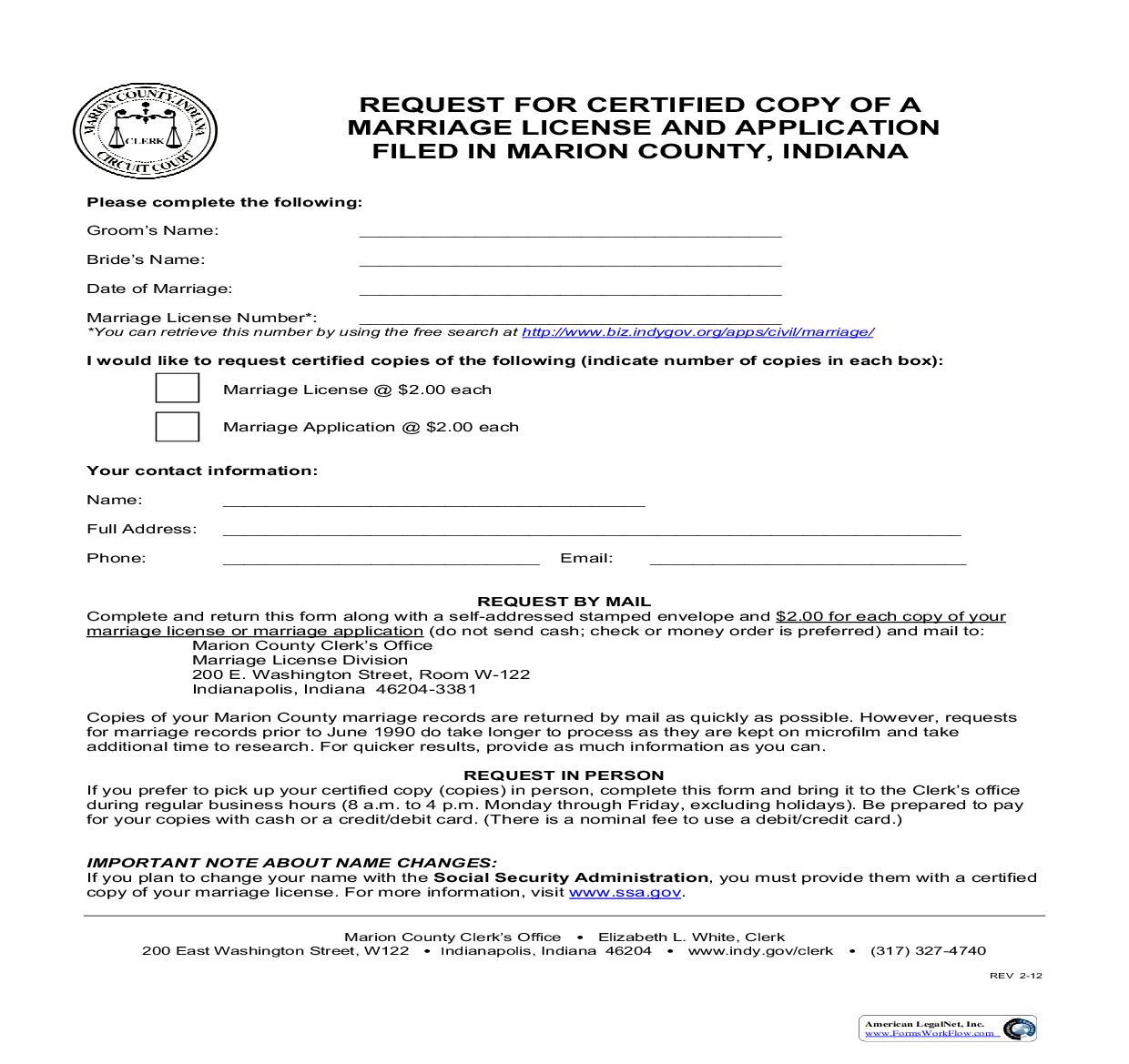 Request For Certified Copy Of A Marriage License | Pdf Fpdf Doc Docx | Indiana