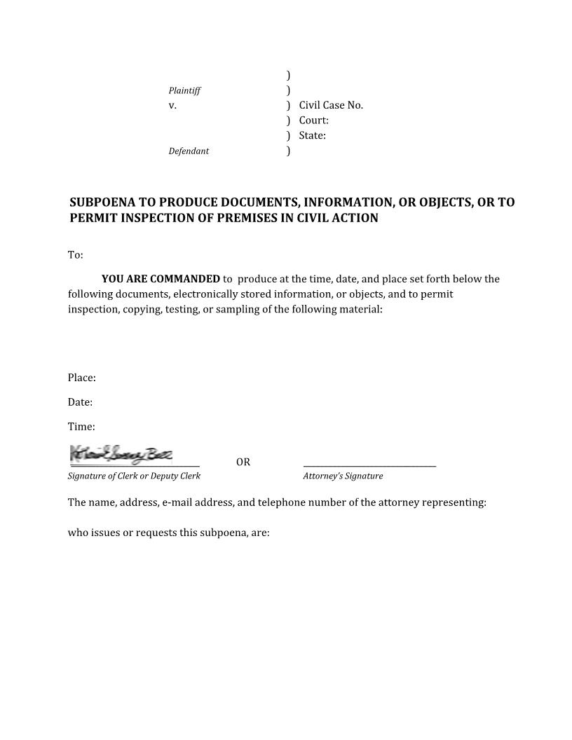 Subpoena To Produce (Out Of State Litigants) | Pdf Fpdf Docx | Indiana