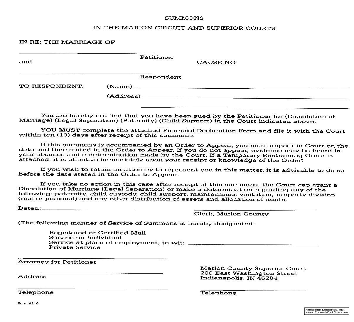 Summons (Domestic Relations) {210} | Pdf Fpdf Doc Docx | Indiana