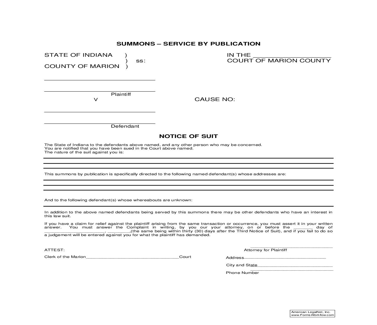 Summons Service By Publication Notice Of Suit | Pdf Fpdf Doc Docx | Indiana