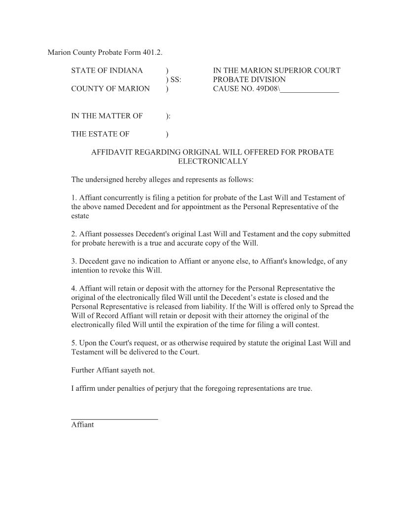 Affidavit Regarding Original Will Offered For Probate Electronically {401.2} | Pdf Fpdf Docx | Indiana