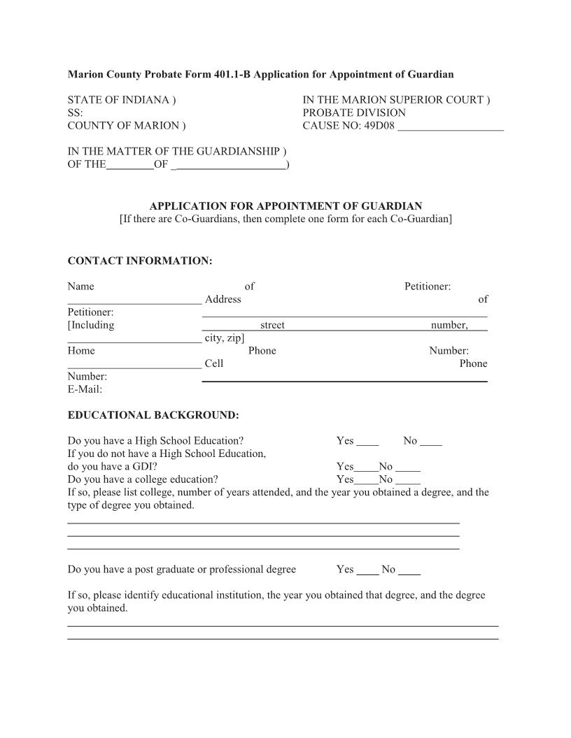 Application For Appointment Of Guardian {401.1-B} | Pdf Fpdf Docx | Indiana