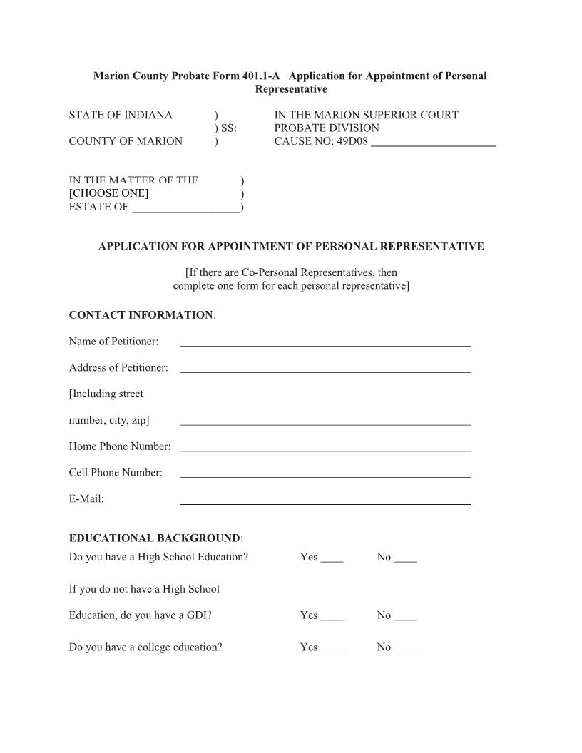 Application For Appointment Of Personal Representative {401.1-A} | Pdf Fpdf Docx | Indiana