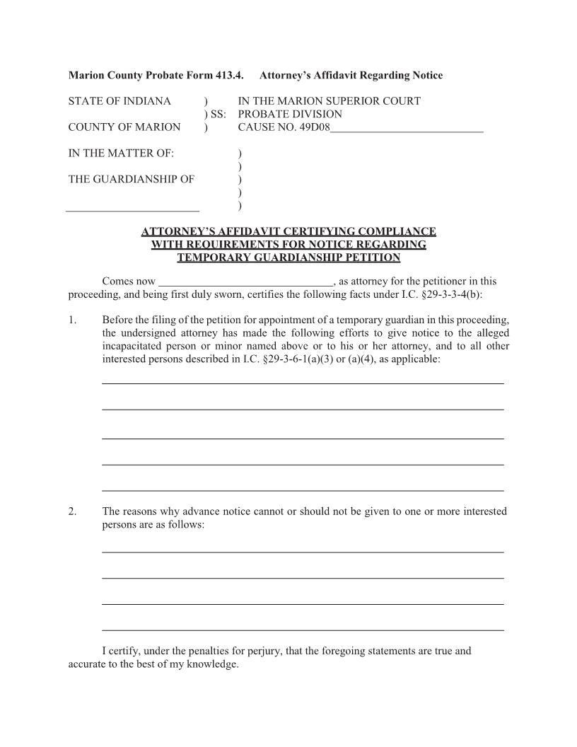 Attorneys Affidavit Certifying Compliance With Notice Regarding Temporary Guardianship Petition {413.4} | Pdf Fpdf Docx | Indiana