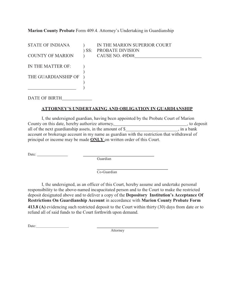 Attorneys Undertaking And Obligation In Guardianship {409.4} | Pdf Fpdf Docx | Indiana