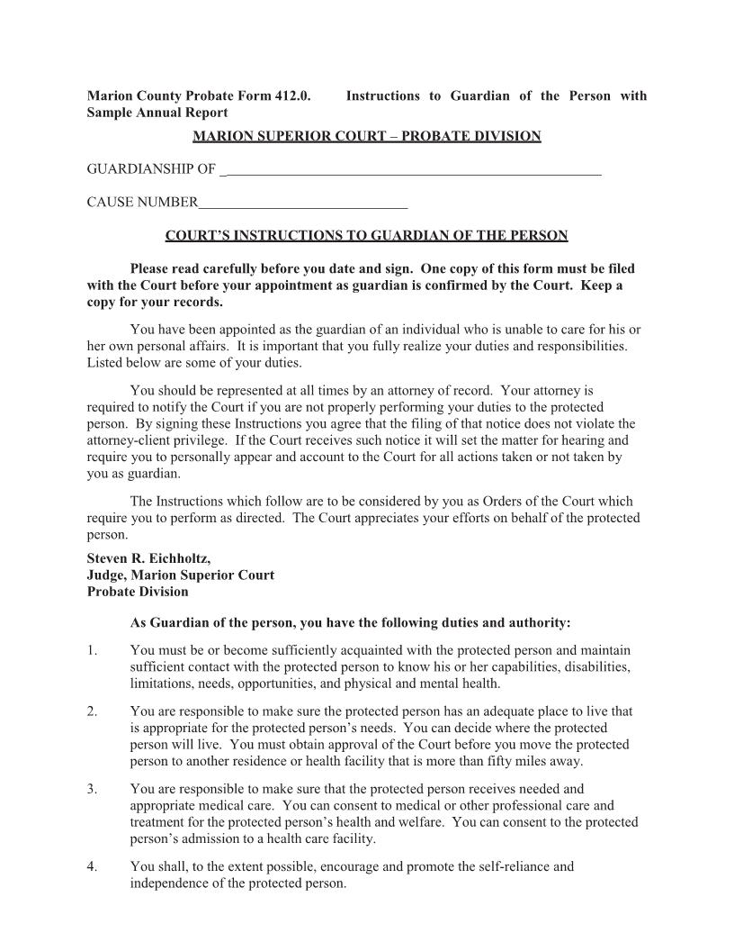 Courts Instructions To Guardian Of Person With Sample Annual Report {412.0} | Pdf Fpdf Docx | Indiana
