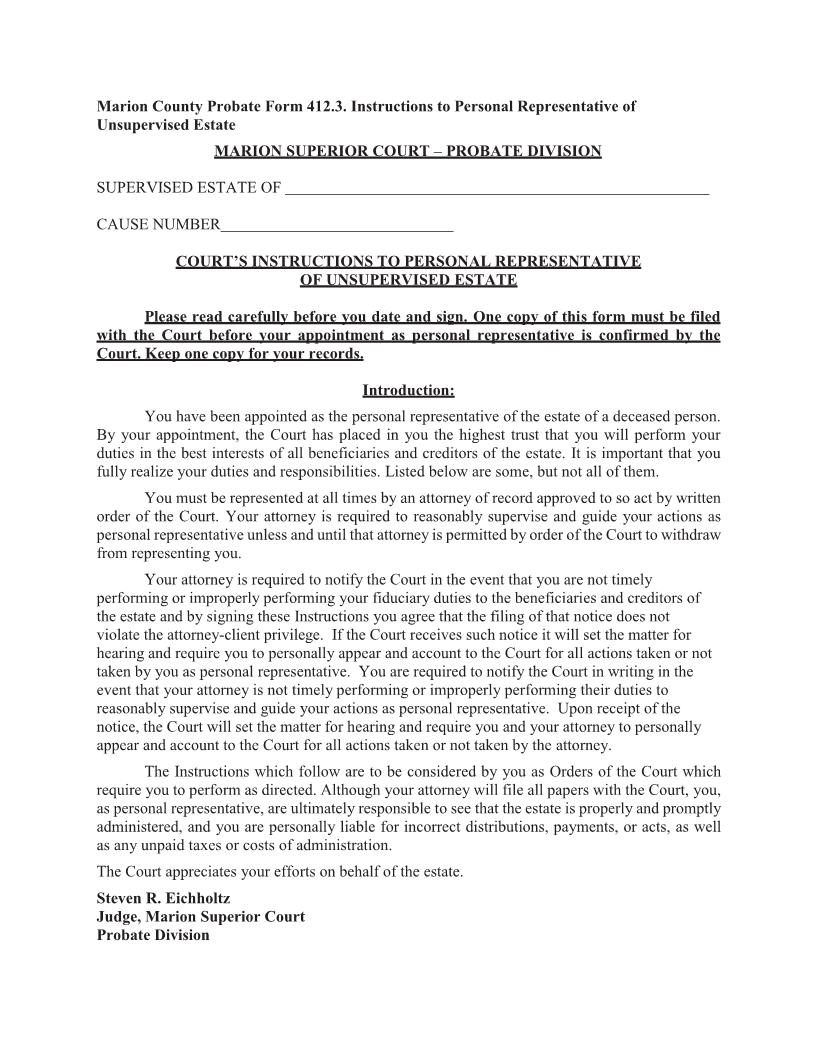 Courts Instructions To Personal Representative Of Unsupervised Estate {412.3} | Pdf Fpdf Docx | Indiana