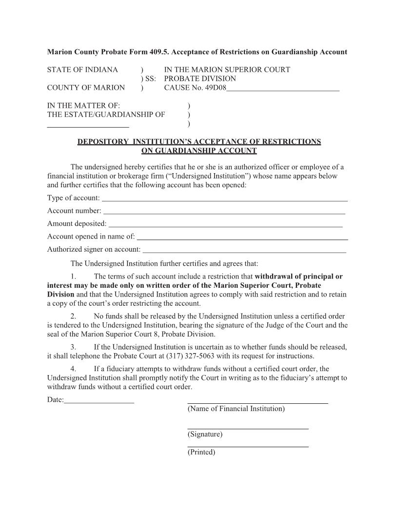 Depository Institutions Acceptance Of Restrictions On Guardianship Account {409.5} | Pdf Fpdf Docx | Indiana