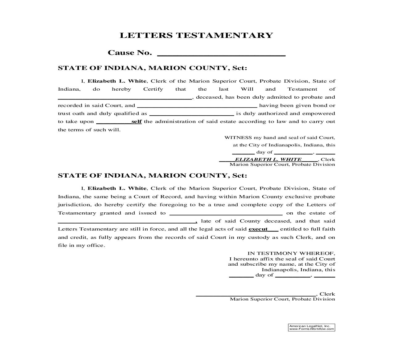 Letters Testamentary (Certified) | Pdf Fpdf Doc Docx | Indiana