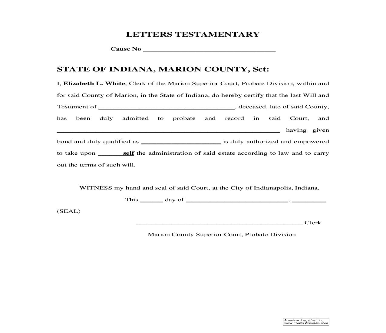 Letters Testamentary | Pdf Fpdf Doc Docx | Indiana