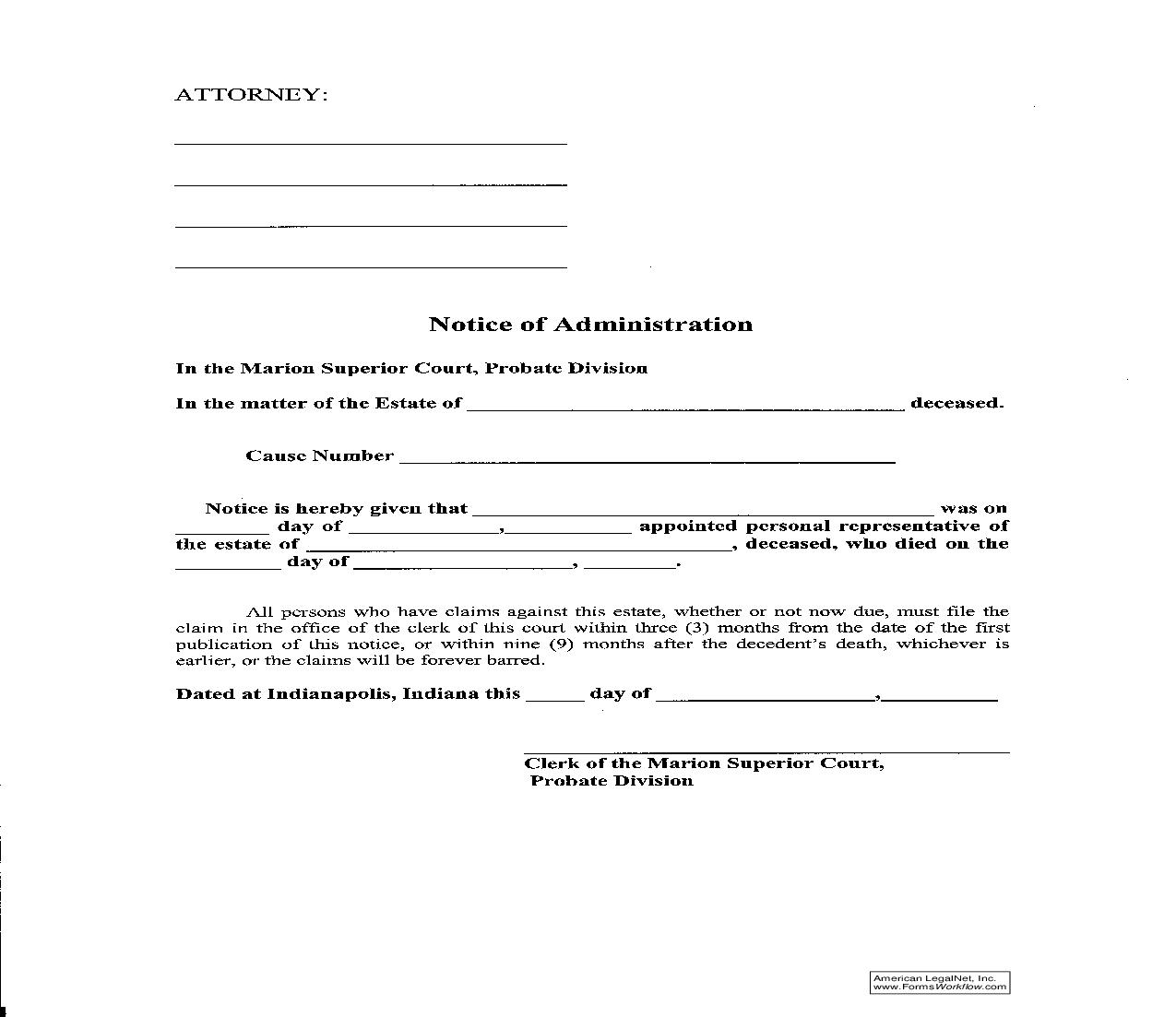Notice Of Administration | Pdf Fpdf Doc Docx | Indiana