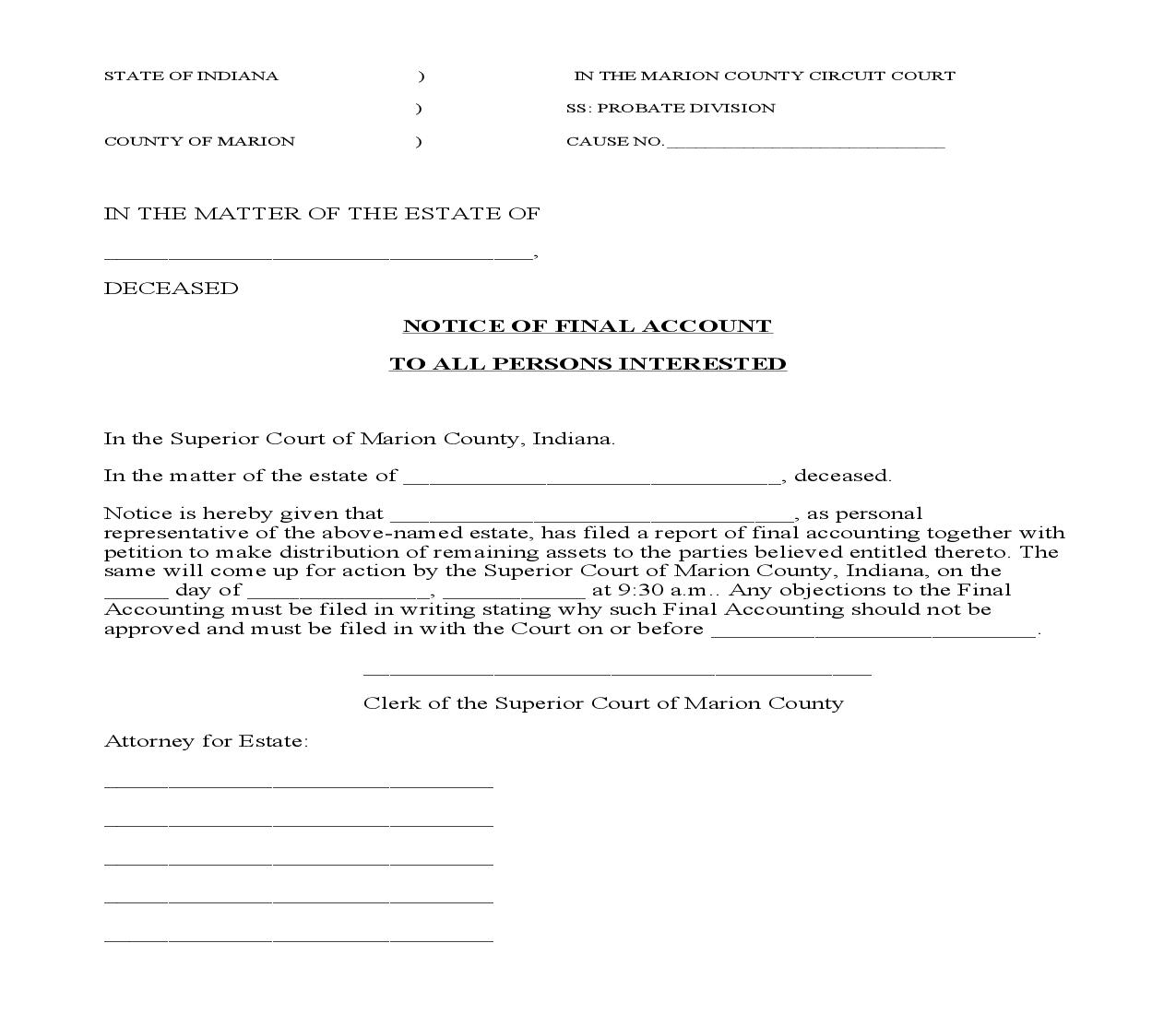 Notice Of Final Account To All Persons Interested | Pdf Fpdf Doc Docx | Indiana