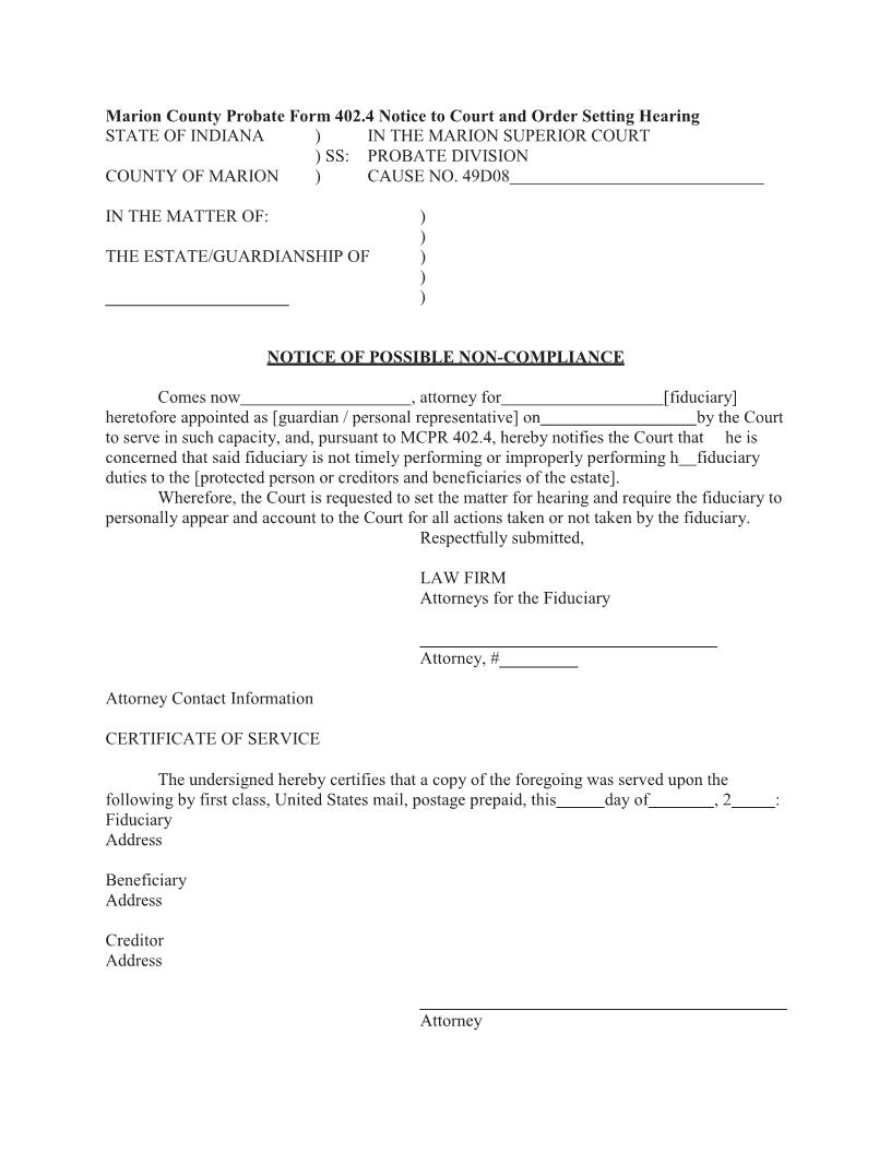 Notice Of Possible Non-Compliance And Order For Hearing {402.4} | Pdf Fpdf Docx | Indiana