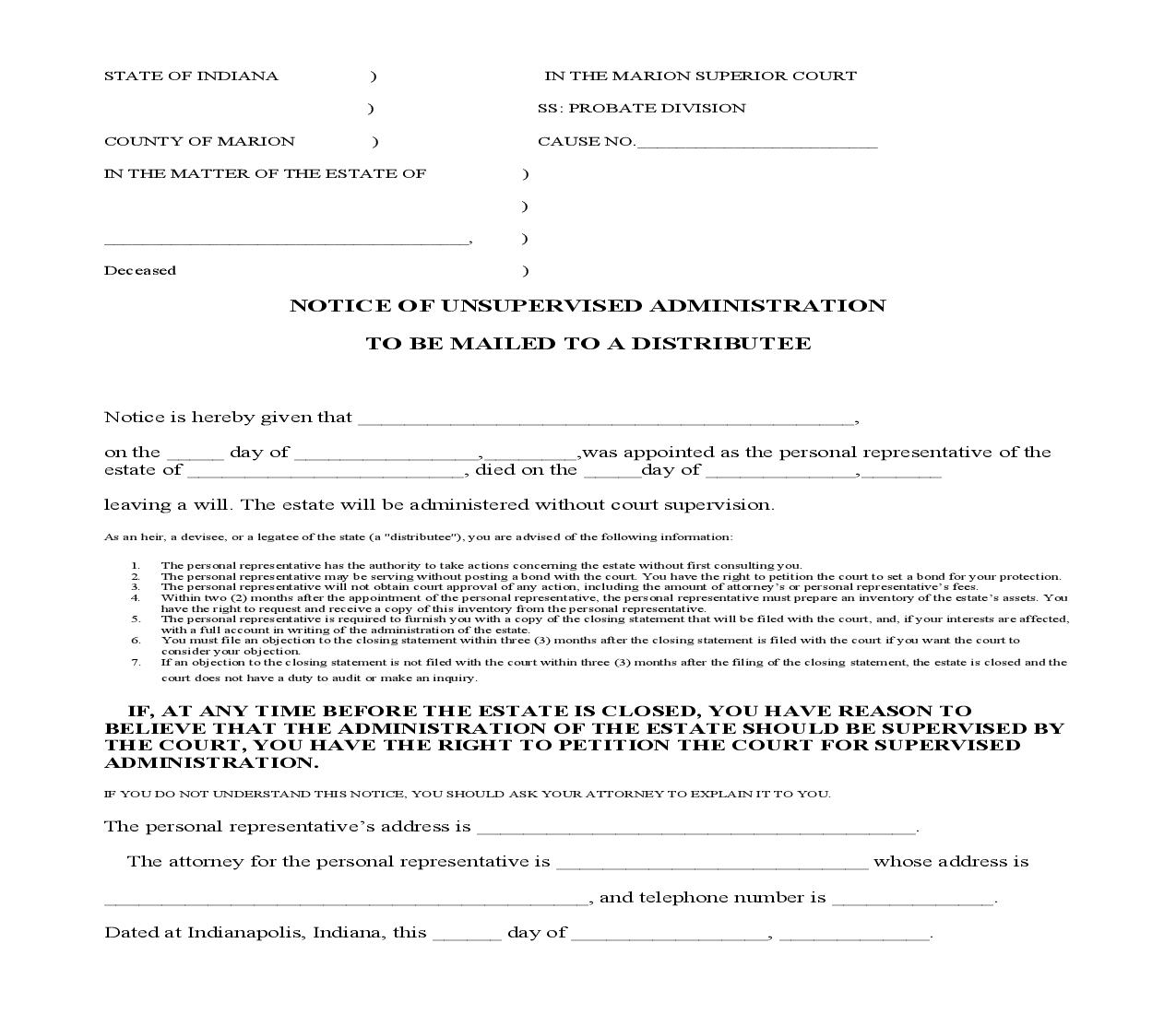 Notice Of Unsupervised Administration To Be Mailed To Distributee | Pdf Fpdf Doc Docx | Indiana