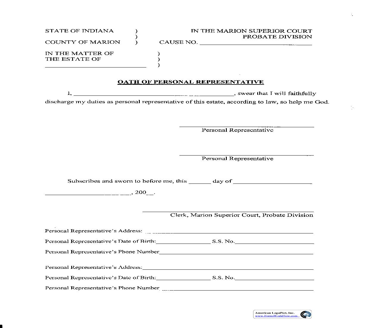 Oath Of Personal Representative | Pdf Fpdf Doc Docx | Indiana