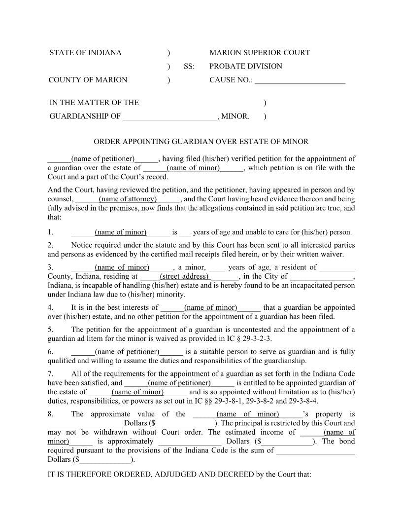 Order Appointing Guardian Over Estate Of Minor | Pdf Fpdf Docx | Indiana