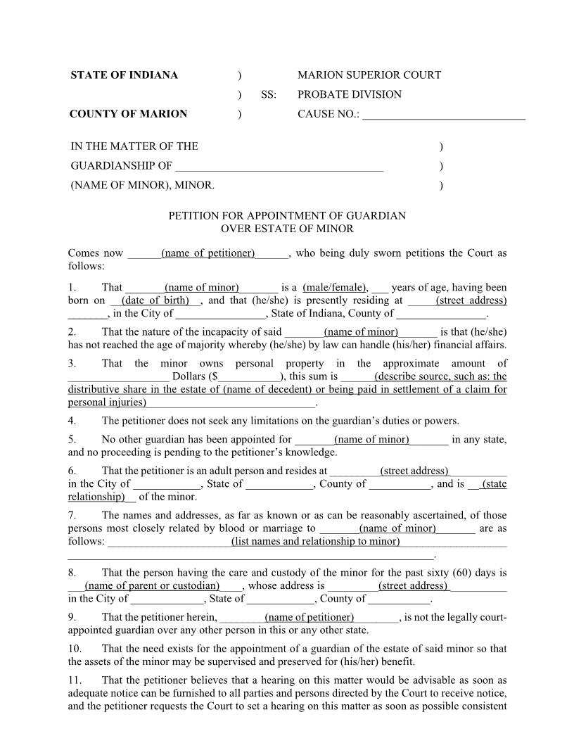 Petition For Appointment Of Guardian Over Estate Of Minor | Pdf Fpdf Docx | Indiana