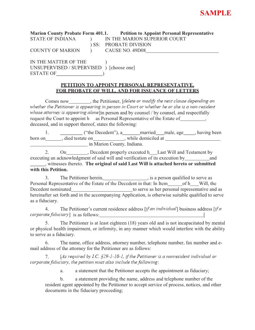 Petition To Appoint Personal Representative Probate Of Will Letters (Sample-Form) {401.1} | Pdf Fpdf Docx | Indiana