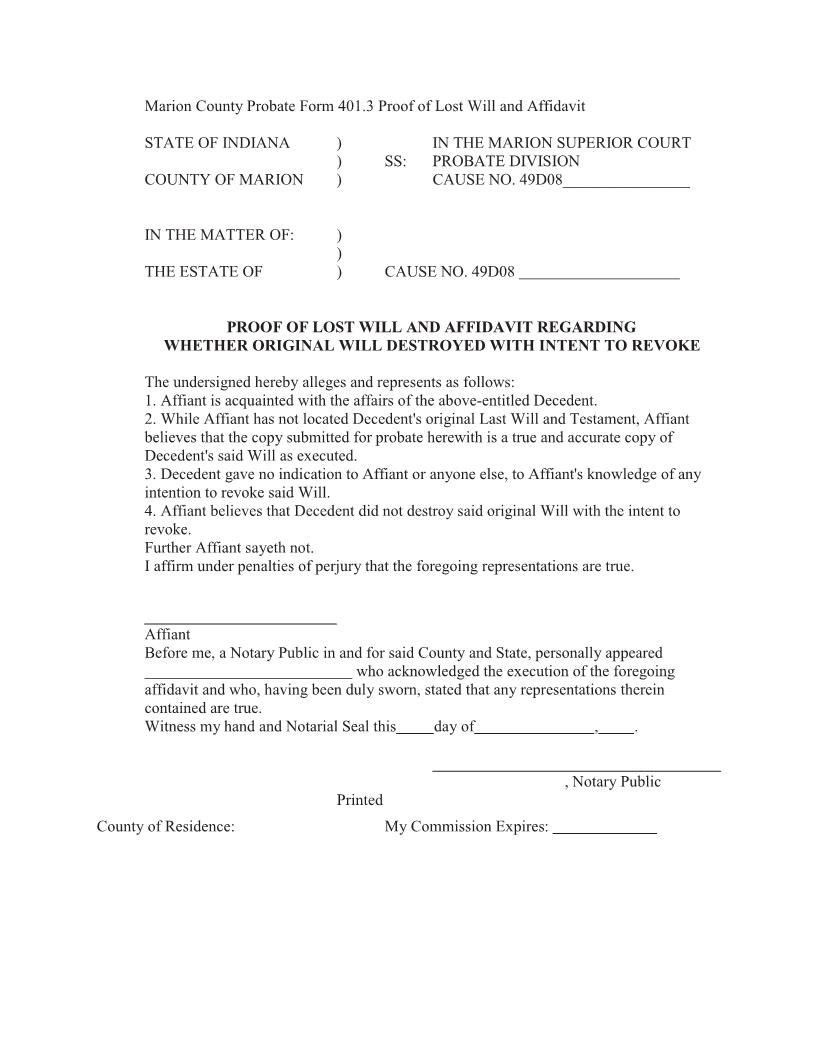 Proof Of Lost Will Affidavit Regarding Whether Original Destroyed To Revoke {401.3} | Pdf Fpdf Docx | Indiana