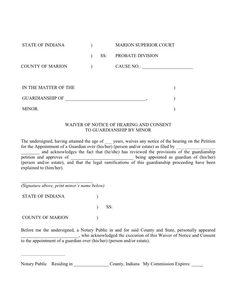 Waiver Of Notice Of Hearing And Consent To Guardianship By Minor | Pdf Fpdf Docx | Indiana