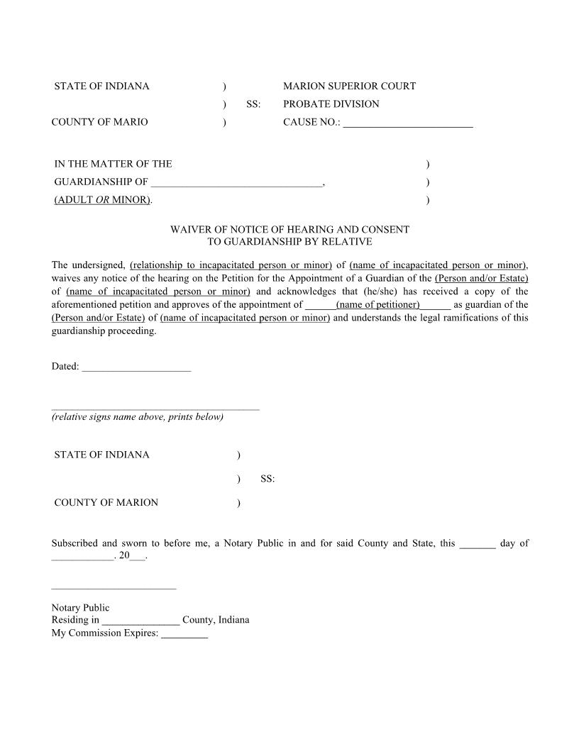 Waiver Of Notice Of Hearing And Consent To Guardianship By Relative | Pdf Fpdf Docx | Indiana