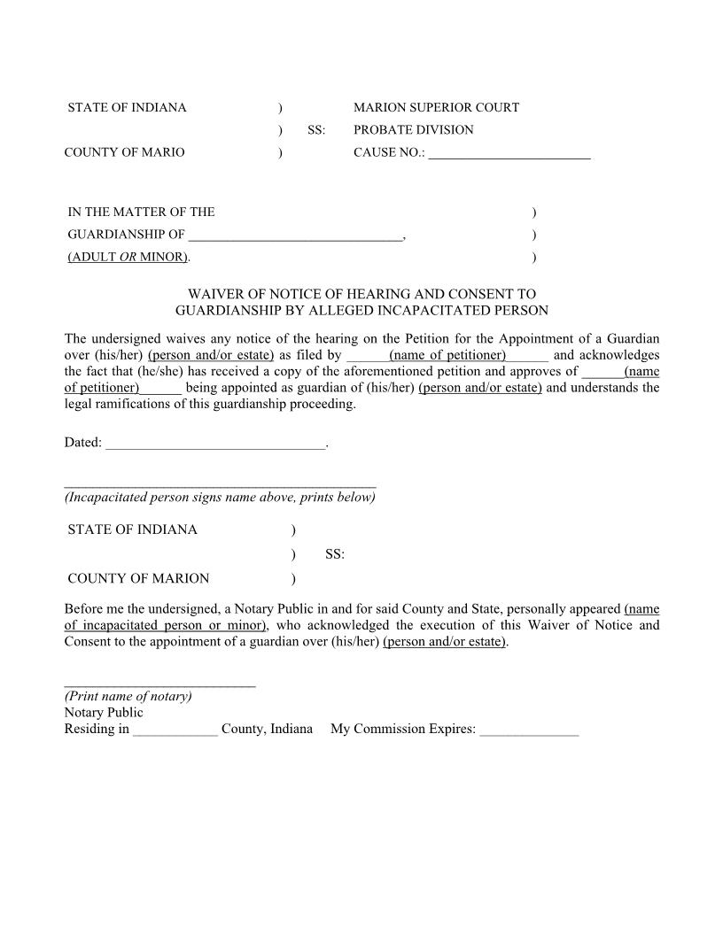 Waiver Of Notice Of Hearing Consent To Guardianship Alleged Incapacitated Person | Pdf Fpdf Docx | Indiana