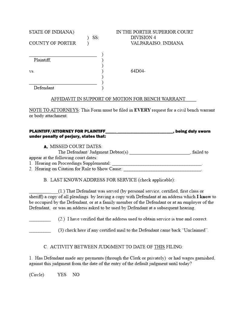 Affidavit In Support Of Motion For Bench Warrant | Pdf Fpdf Docx | Indiana