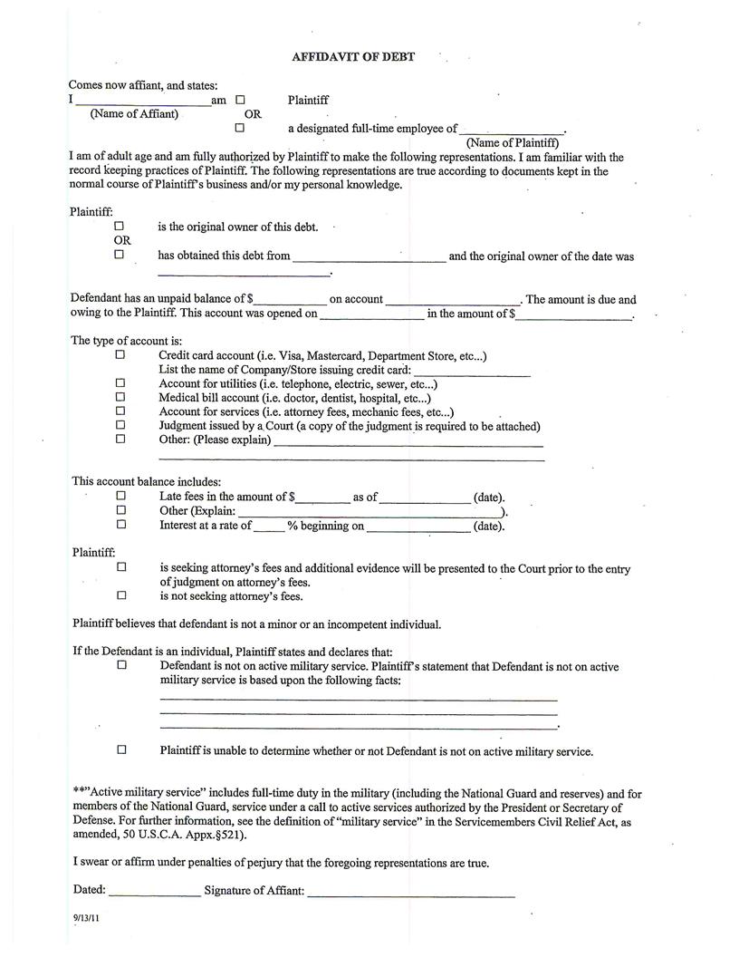 Affidavit Of Debt | Pdf Fpdf Docx | Indiana