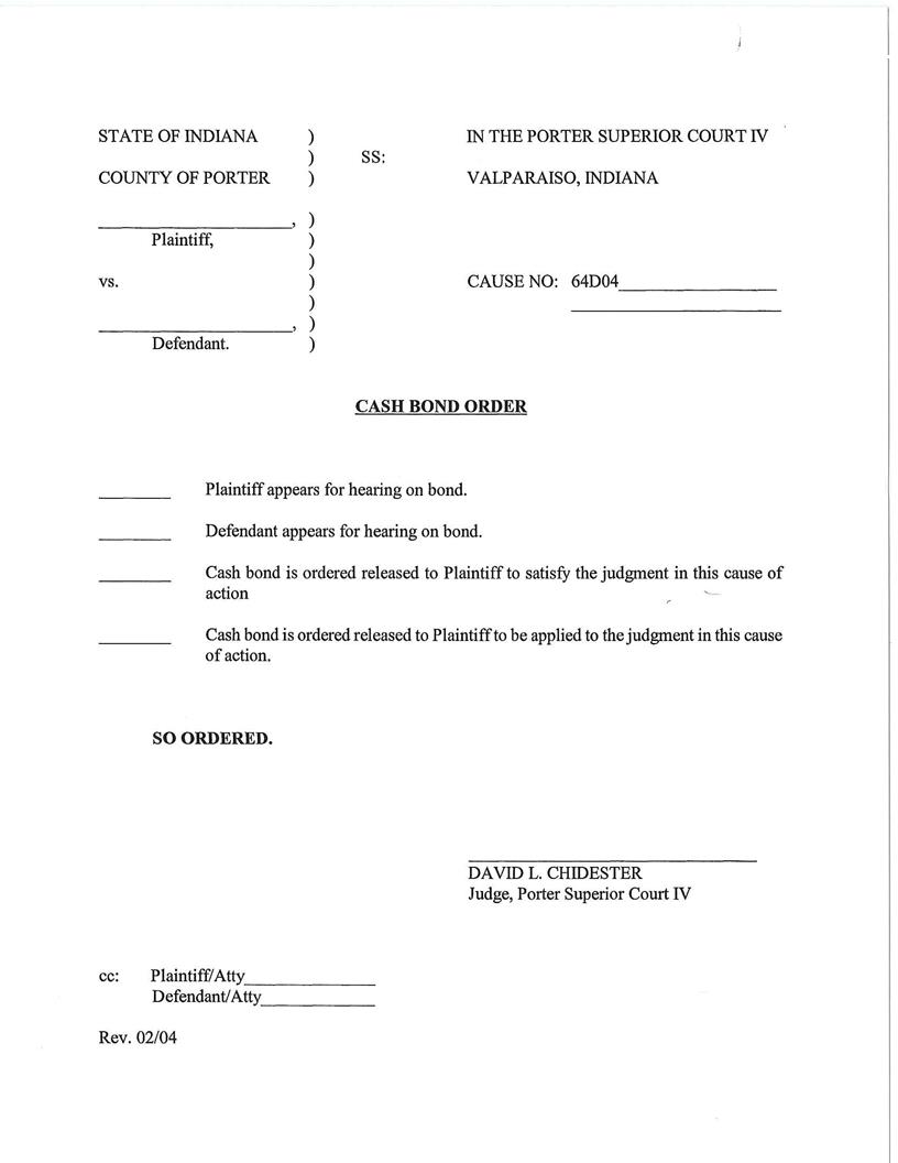 Cash Bond Order (Superior Court 4) | Pdf Fpdf Docx | Indiana