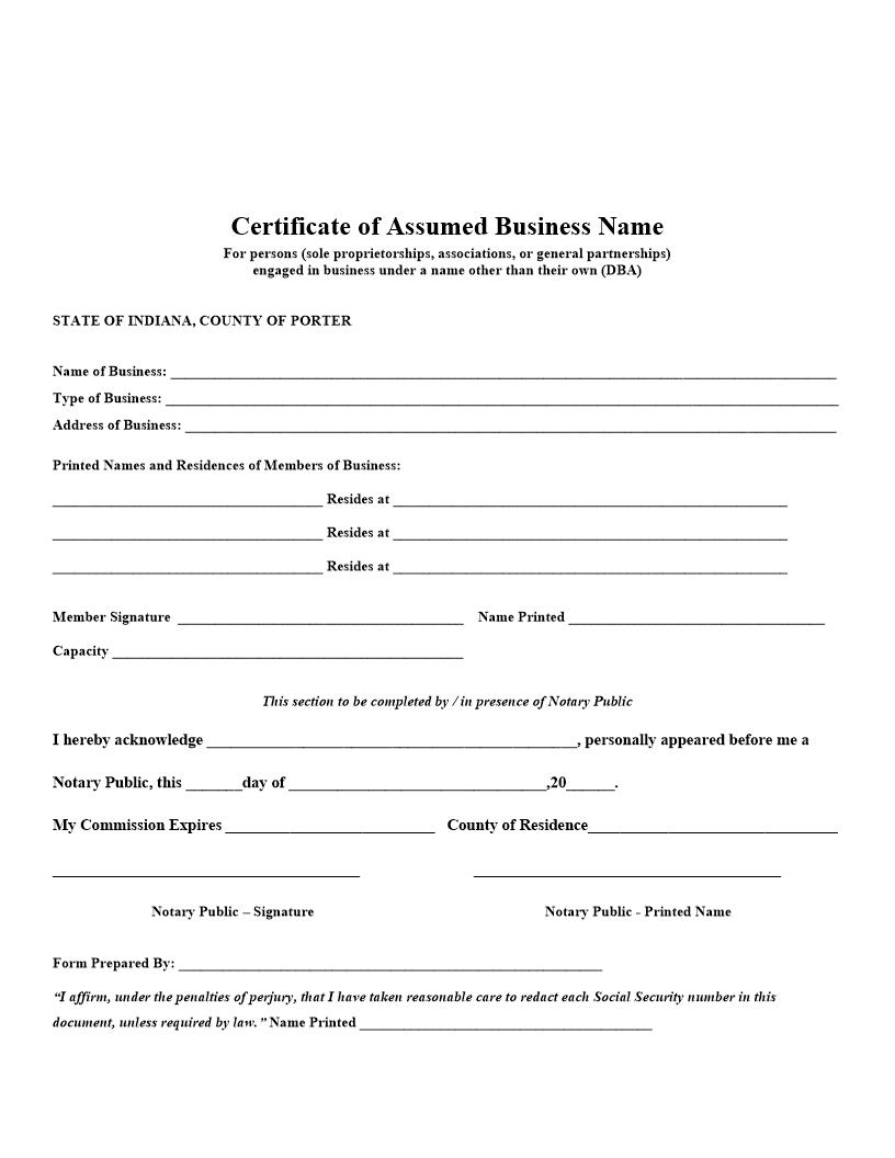 Certificate Of Assumed Business Name | Pdf Fpdf Docx | Indiana