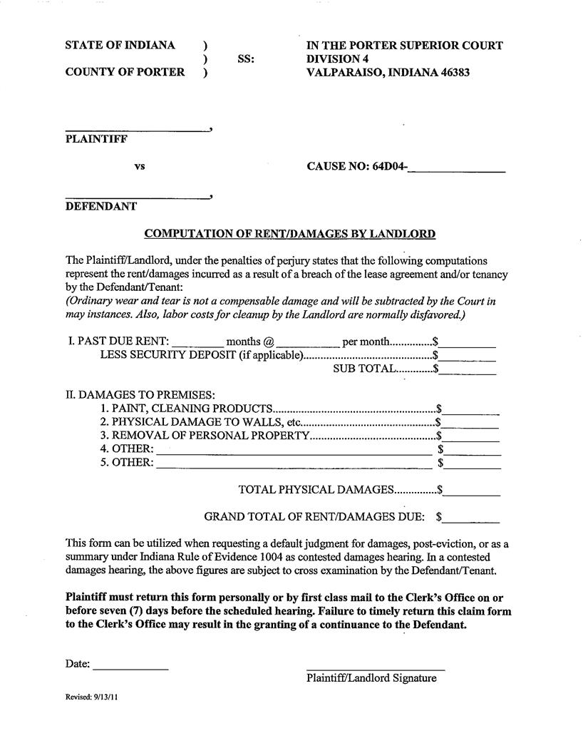 Computation Of Damages By Landlord (Valparaiso) | Pdf Fpdf Docx | Indiana