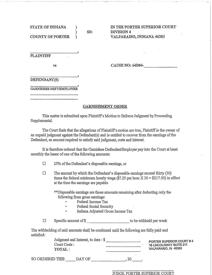 Garnishment Order (Superior Court 4) | Pdf Fpdf Docx | Indiana