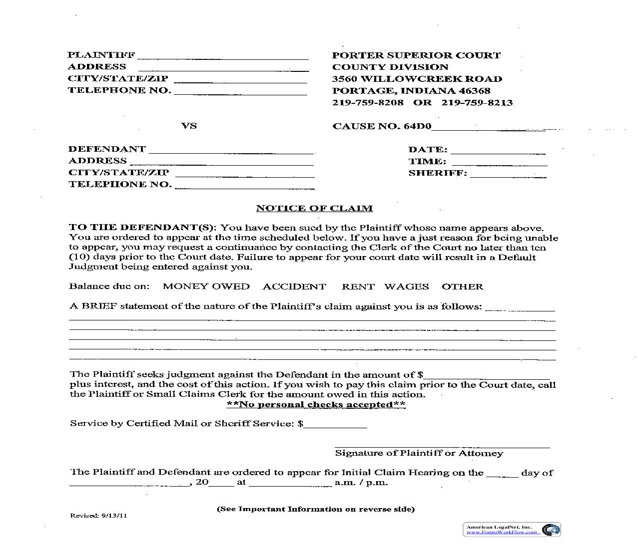 Notice Of Claim (Portage) | Pdf Fpdf Doc Docx | Indiana