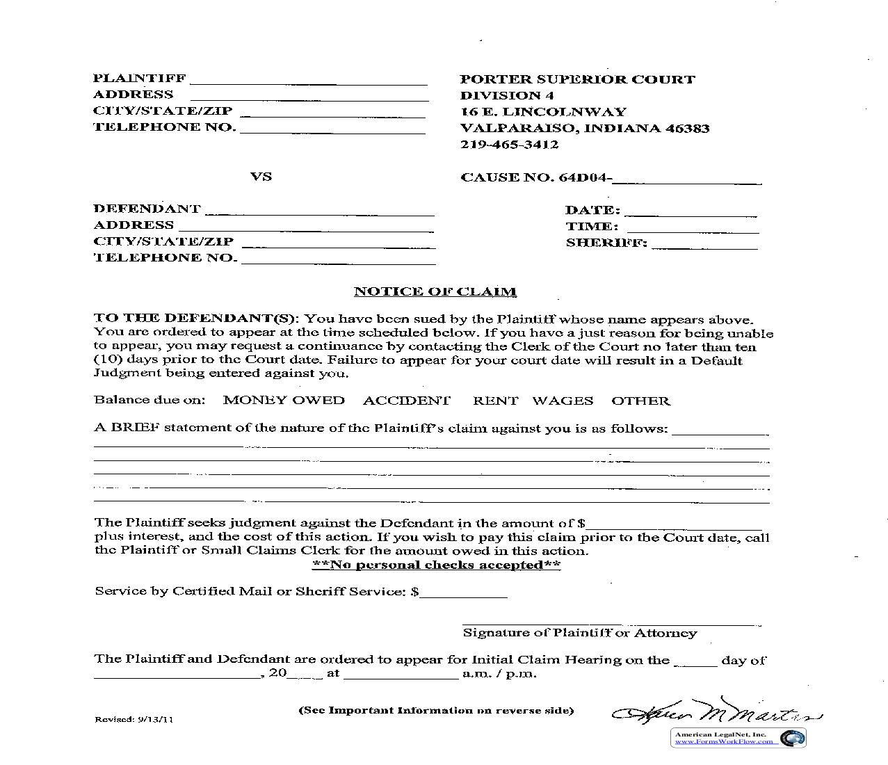 Notice Of Claim (Valparaiso) | Pdf Fpdf Doc Docx | Indiana