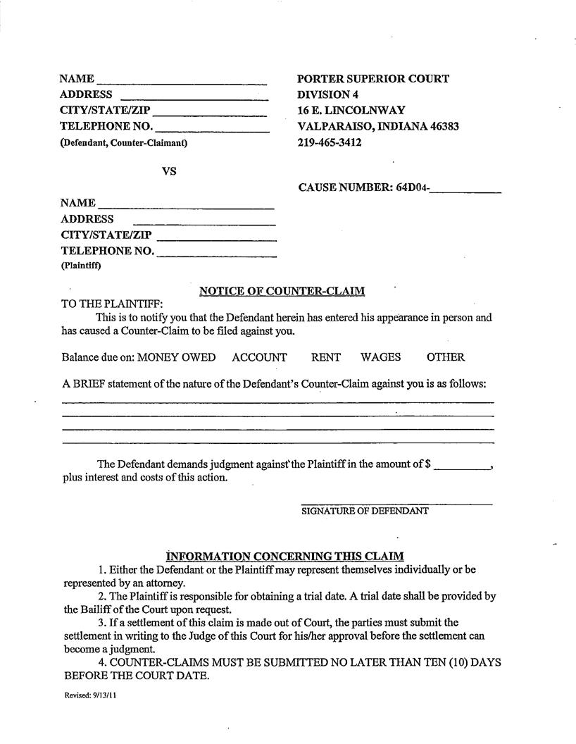 Notice Of Counter Claim (Valparaiso) | Pdf Fpdf Docx | Indiana