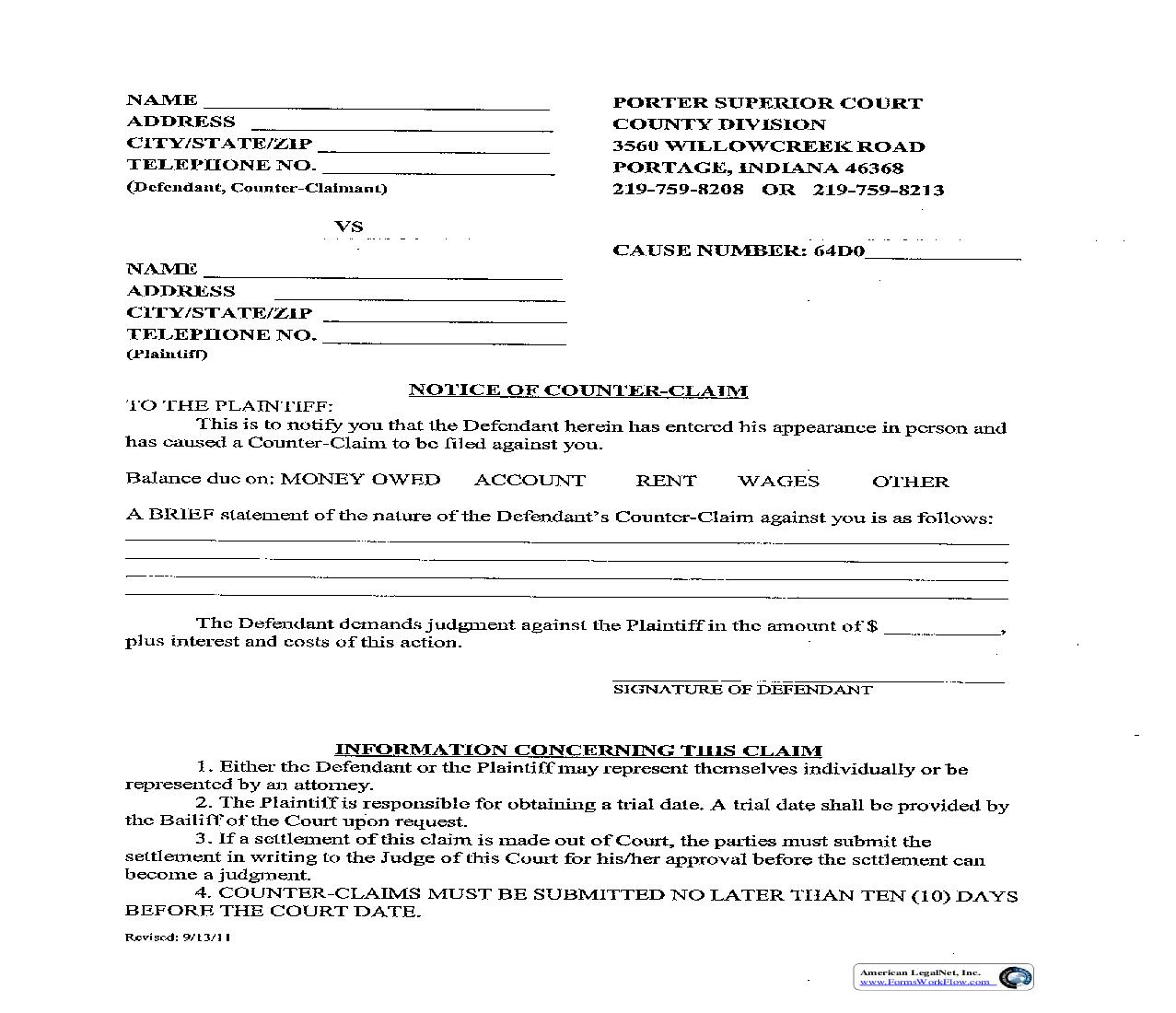 Notice Of Counter-Claim (Portage) | Pdf Fpdf Doc Docx | Indiana