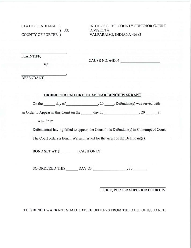 Order For Failure To Appear Bench Warrant (Superior Court 4) | Pdf Fpdf Docx | Indiana