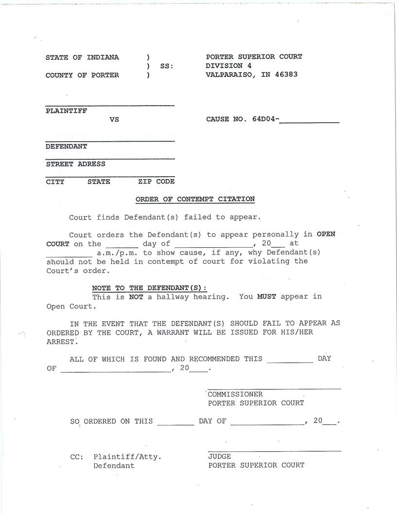 Order Of Contempt Citation (Superior Court 4) | Pdf Fpdf Docx | Indiana