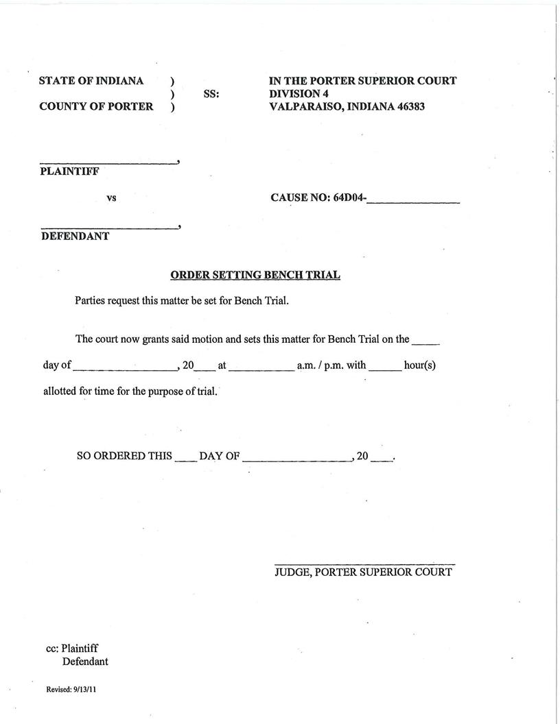 Order Setting Bench Trial (Superior Court 4) | Pdf Fpdf Docx | Indiana