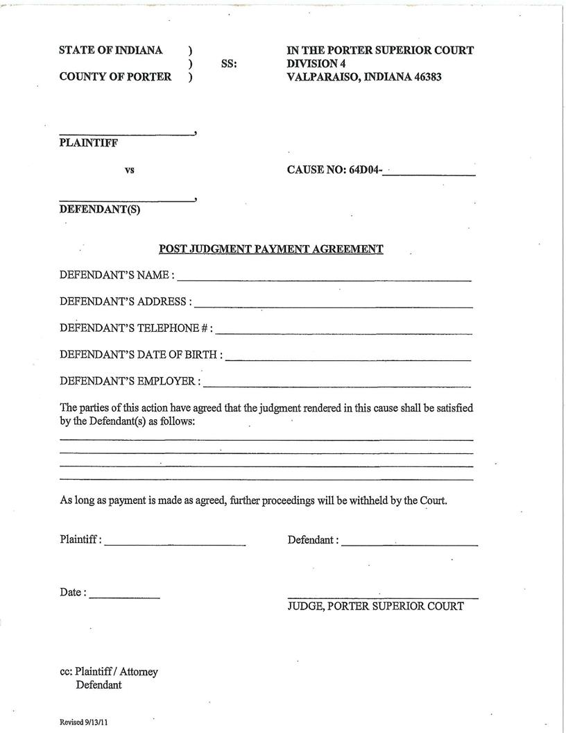 Post Judgment Payment Agreement (Superior Court 4) | Pdf Fpdf Docx | Indiana