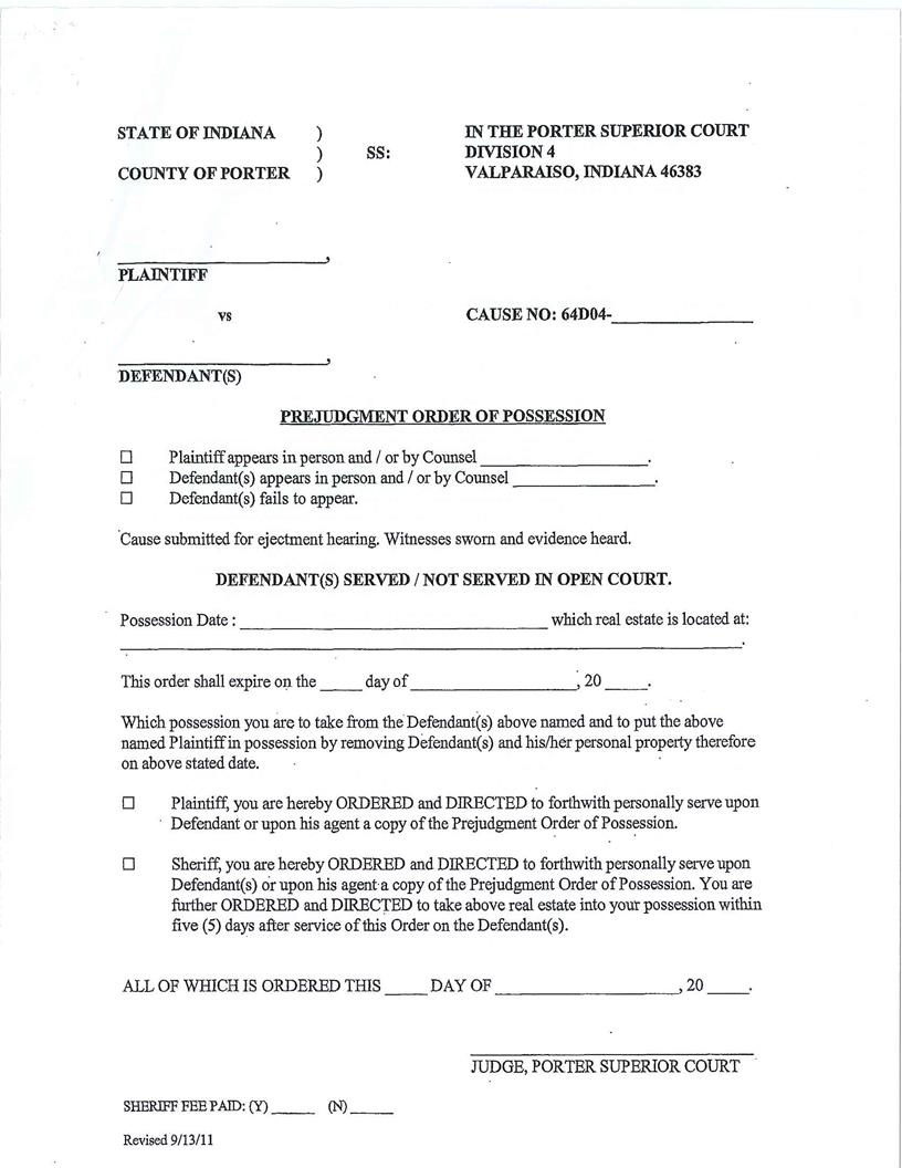 Prejudgment Order Of Possession (Superior Court 4) | Pdf Fpdf Docx | Indiana