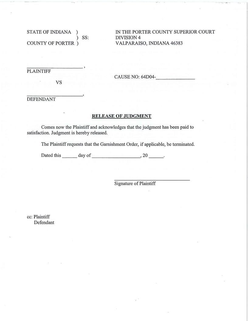 Release Of Judgment (Superior Court 4) | Pdf Fpdf Docx | Indiana