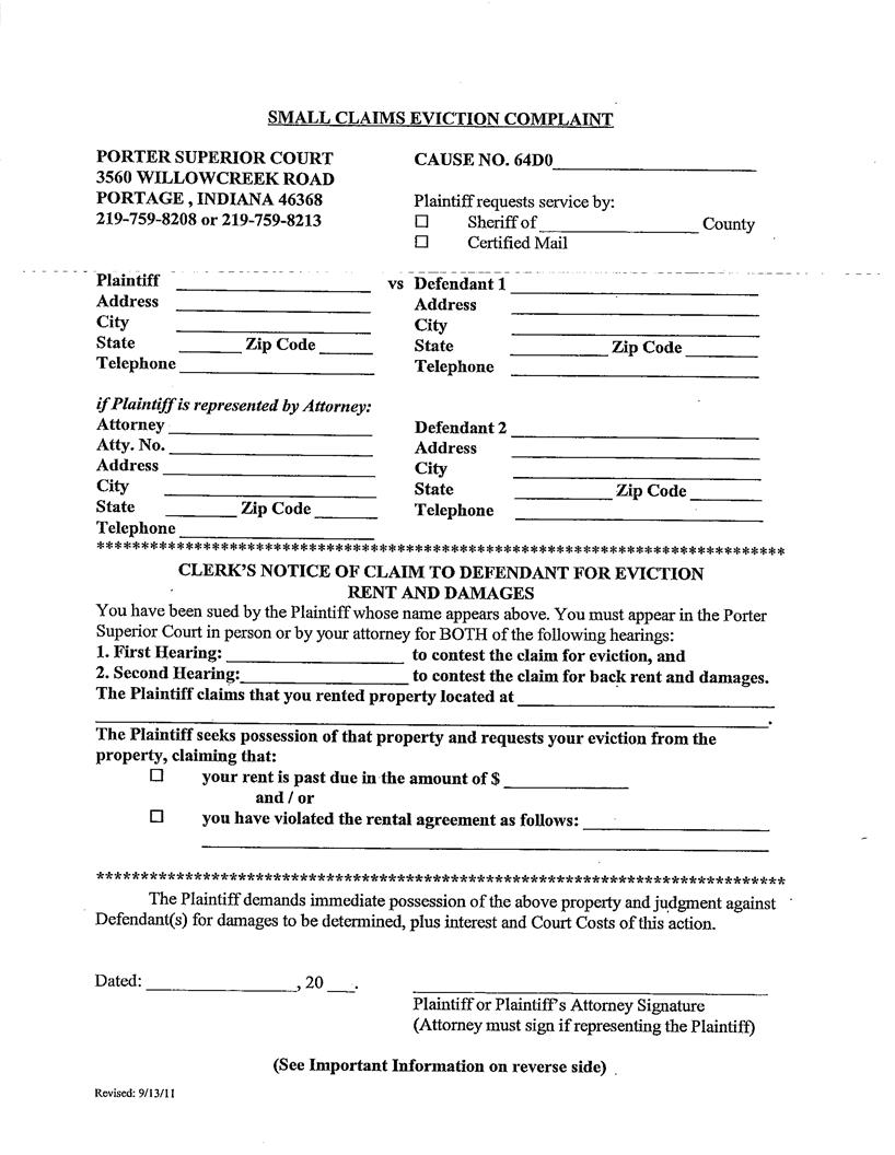 Small Claims Eviction Complaint (Portage) | Pdf Fpdf Docx | Indiana