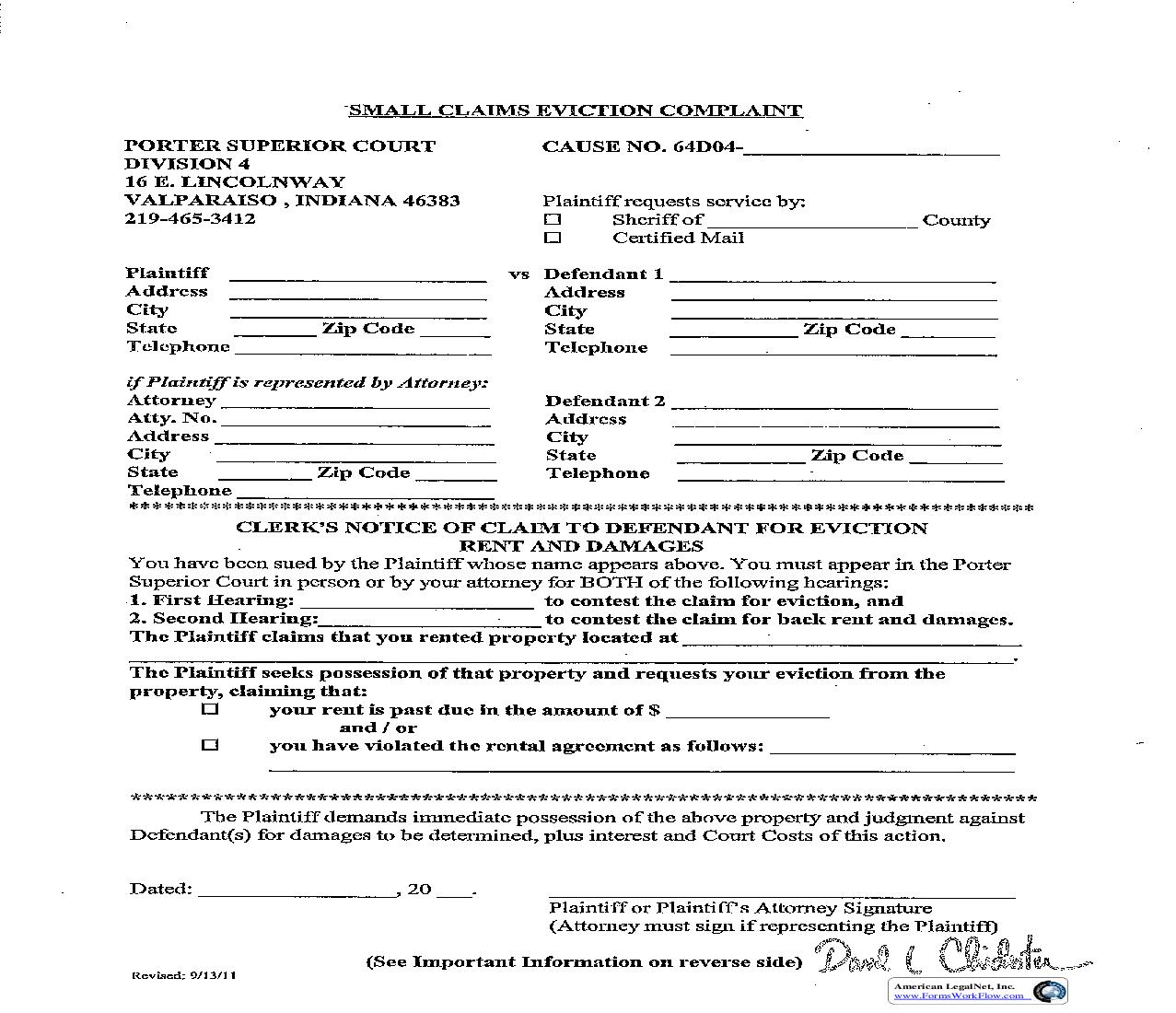 Small Claims Eviction Complaint (Valparaiso) | Pdf Fpdf Doc Docx | Indiana