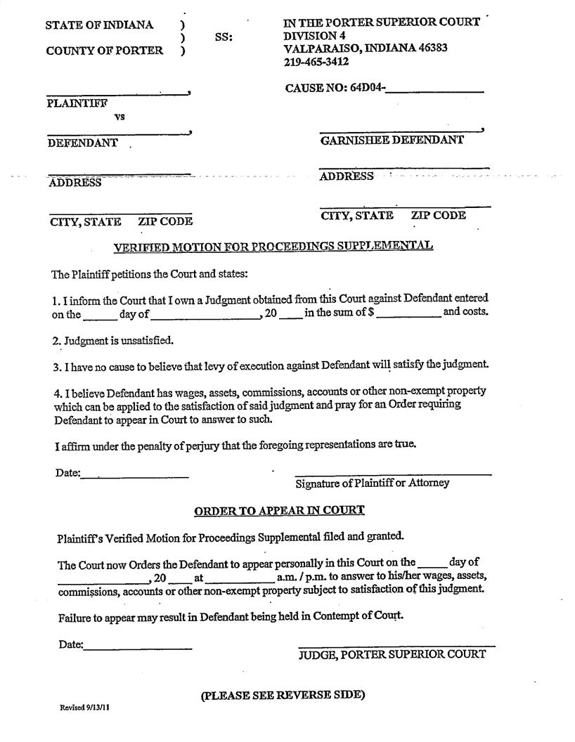 Verified Motion For Proceedings Supplemental Order To Answer Questions (Valparaiso) | Pdf Fpdf Docx | Indiana