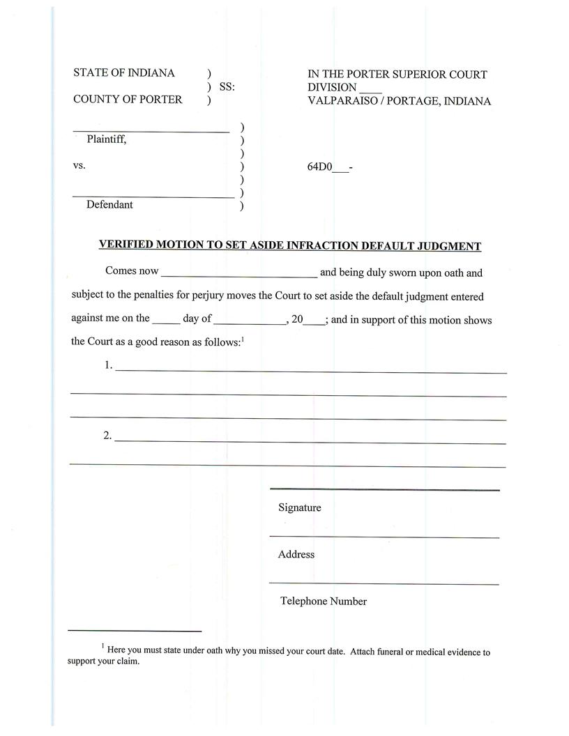 Verified Motion To Set Aside Infraction Default Judgment | Pdf Fpdf Docx | Indiana