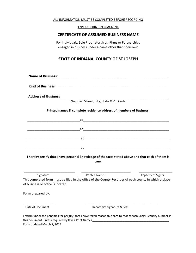 Certificate Of Assumed Business Name (DBA) | Pdf Fpdf Doc Docx | Indiana