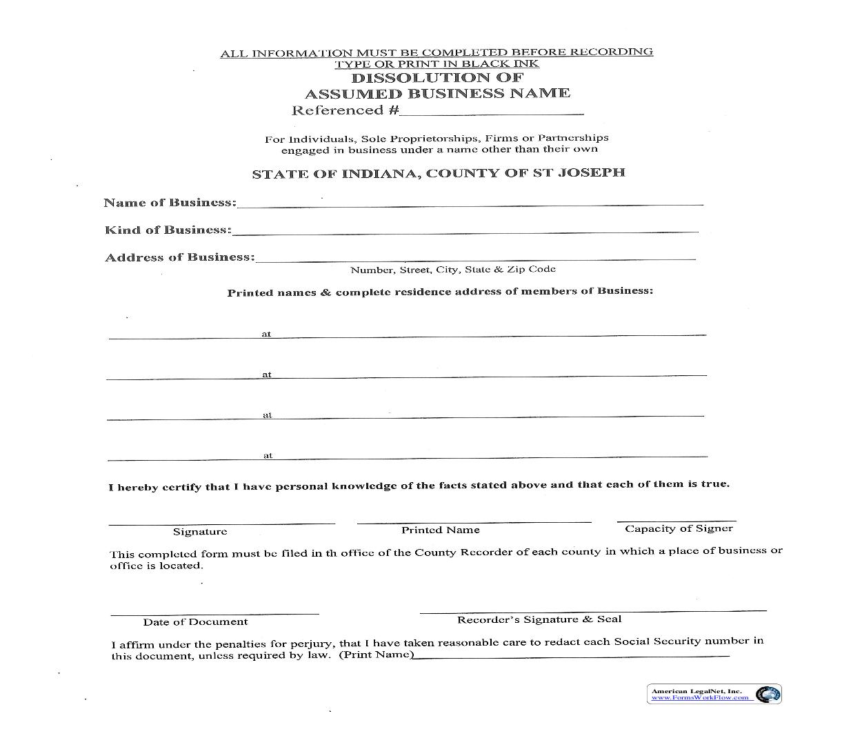 Dissolution Of Assumed Business Name | Pdf Fpdf Doc Docx | Indiana